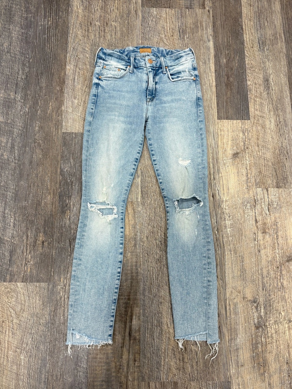 MOTHER The Looker Ankle Step Fray Distressed Skinny Jeans Light Wash